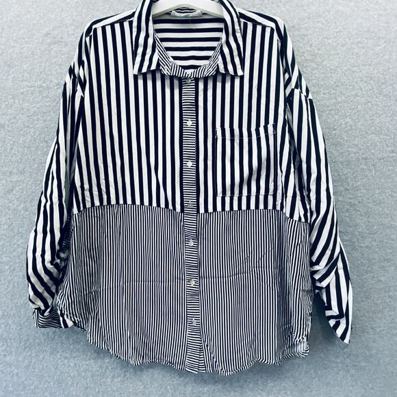 Jane + Delancey Shirt Womens XL Black White Striped Button Down Rayon Pocket - Picture 1 of 7